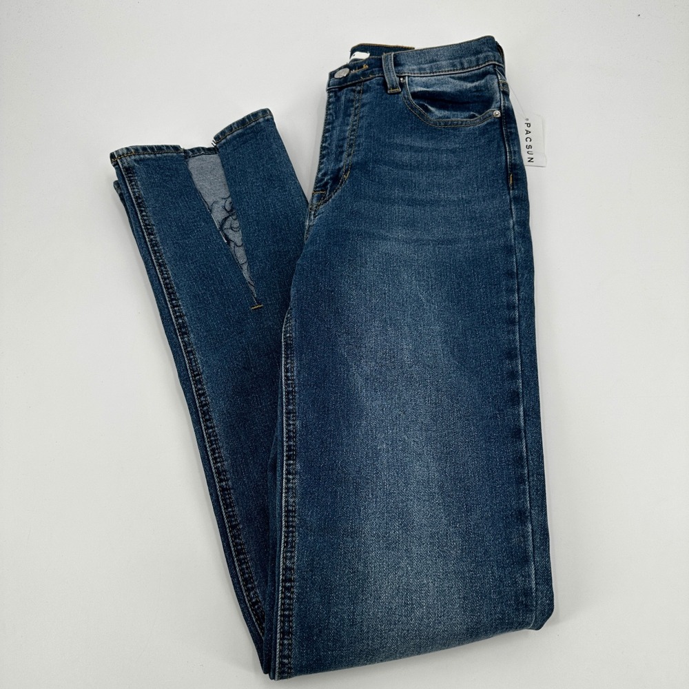PacSun High Rise Slim‎ Jeans Sutton Wash Split Hem Blue Denim 26 Y2K Streetwear